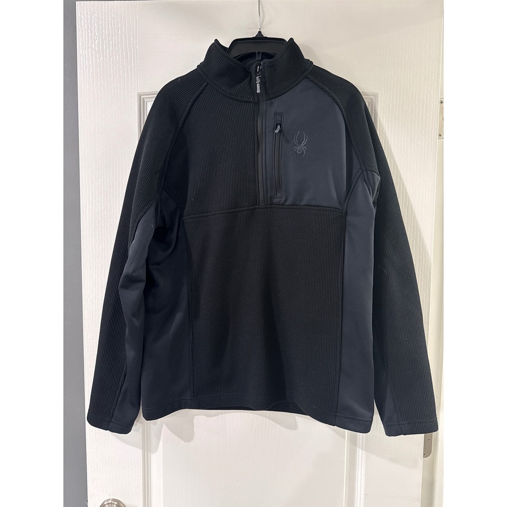 Spyder Mens Black Waffle Knit Quarter Zip Pullover Fleece Jacket Medium